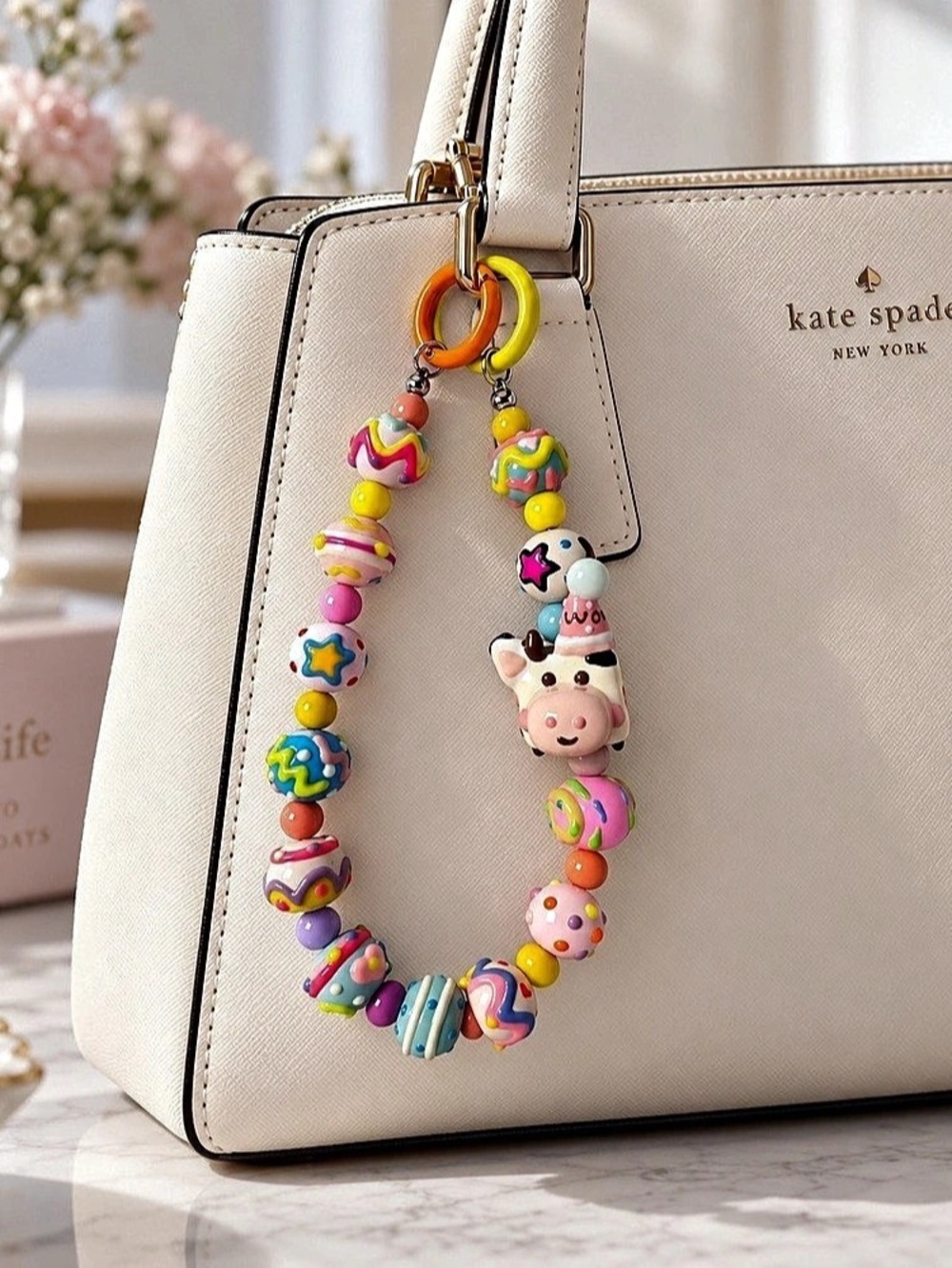 Kawaii Cow Beaded Bag Charm Y2K Pastel Purse Keychain